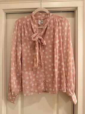 Joie Pink Polka Dot Tie-Neck Blouse